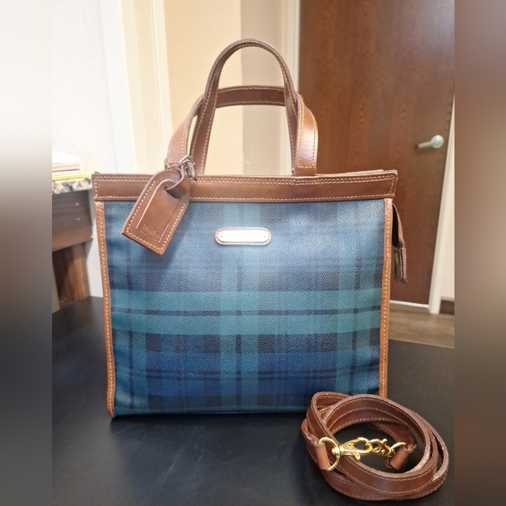 Vtg POLO Ralph Lauren Blackwatch Tartan Leather + Top Handle Shoulder Crossbody